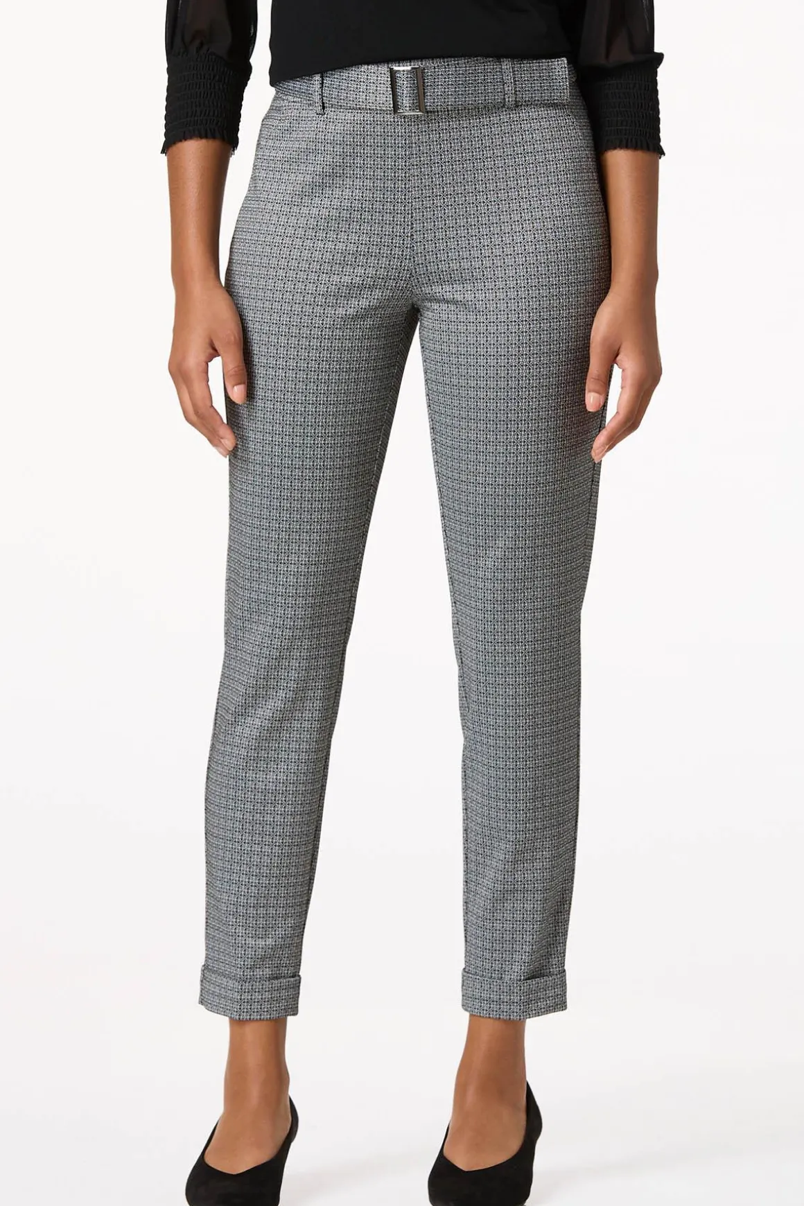 Belted Textured Print Slim Pants