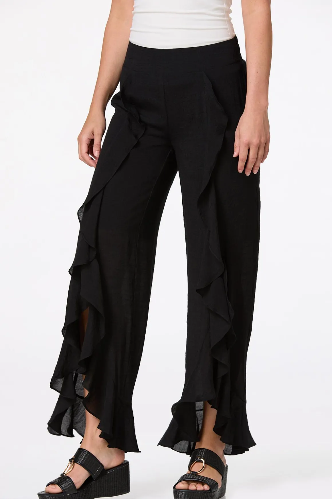 Black Ruffled Front Pants