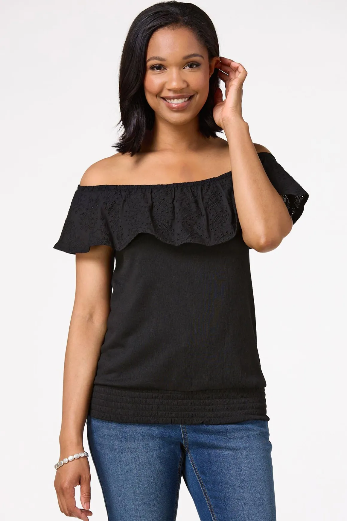 Black Smocked Eyelet Top