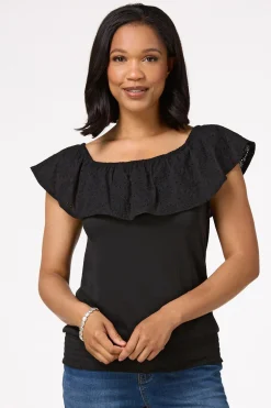 Black Smocked Eyelet Top