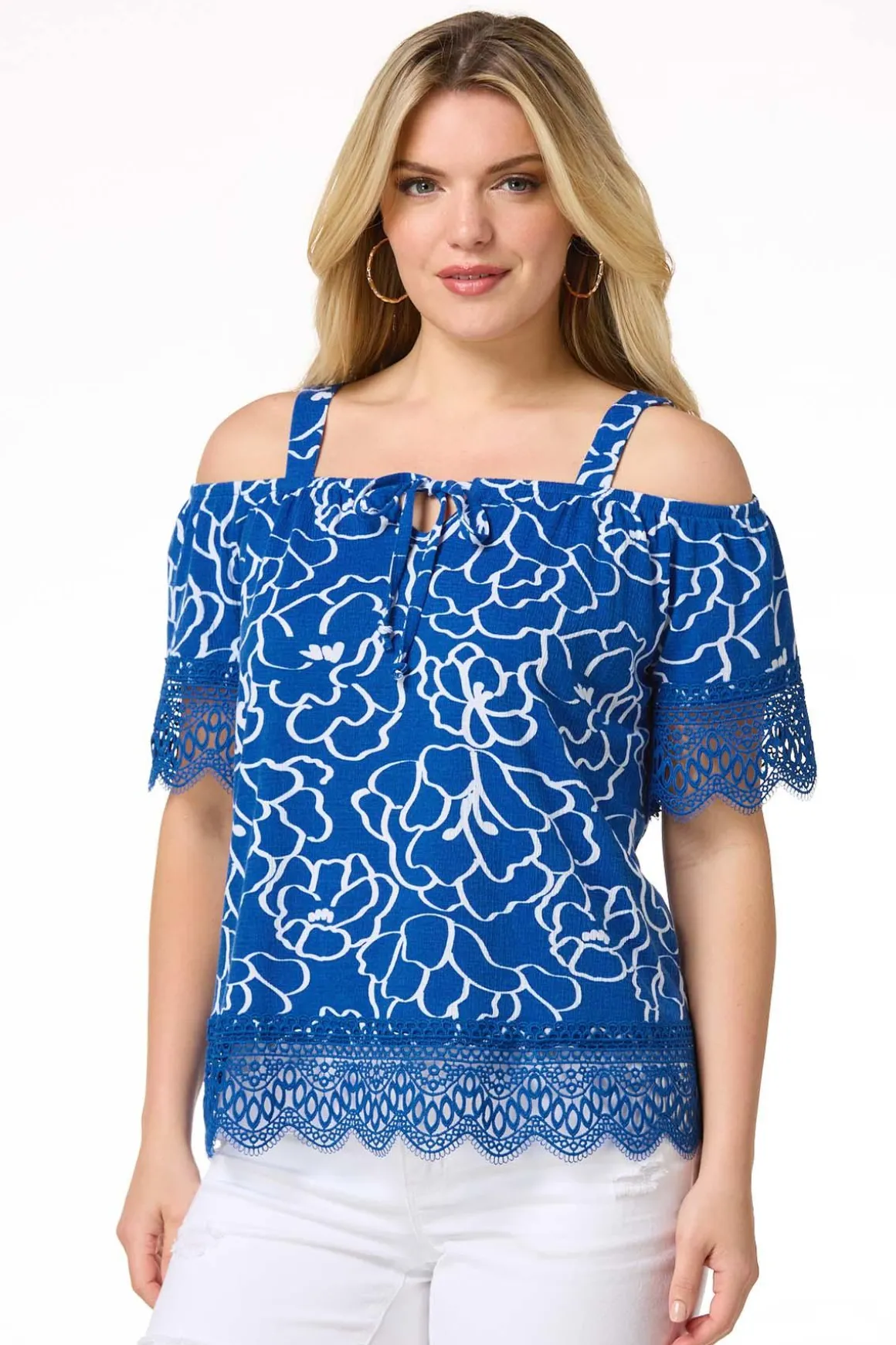 Blue Floral Cold Shoulder Top