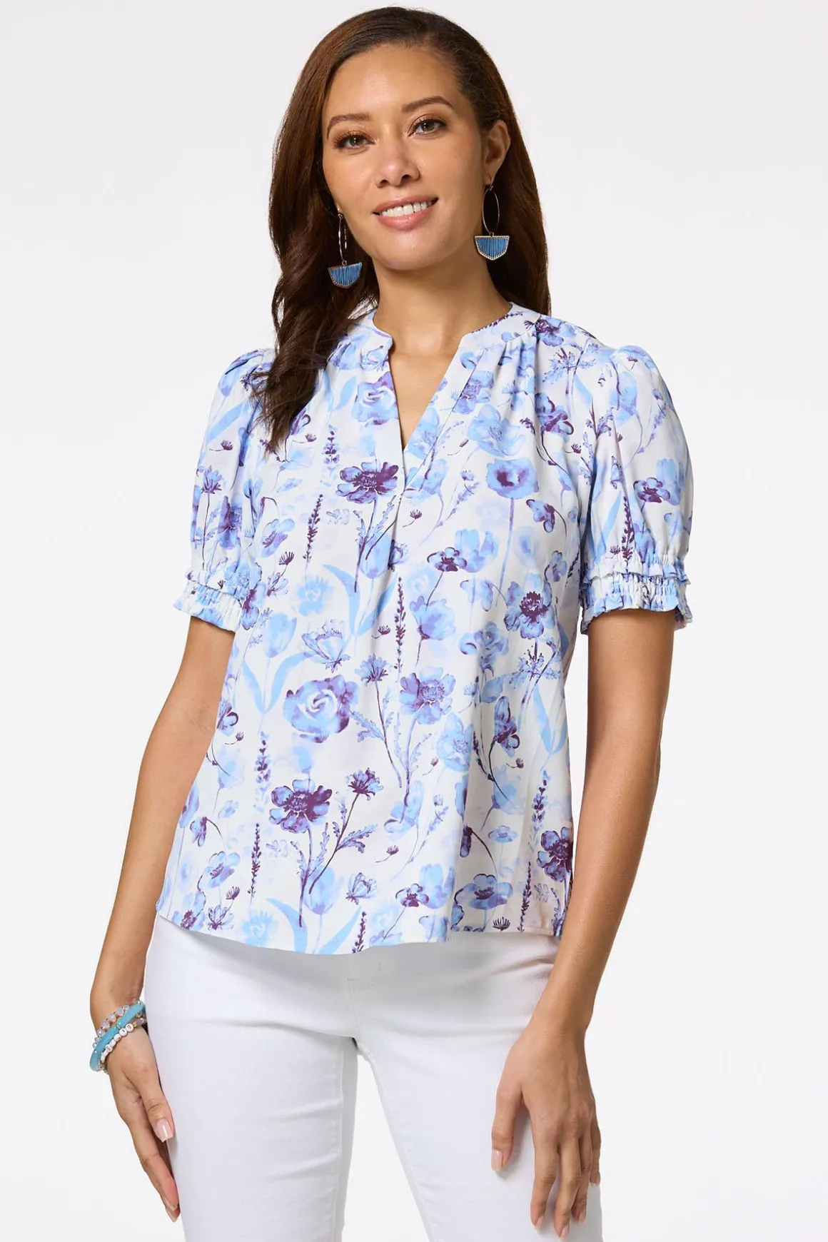 Blue Floral Smocked Sleeve Top