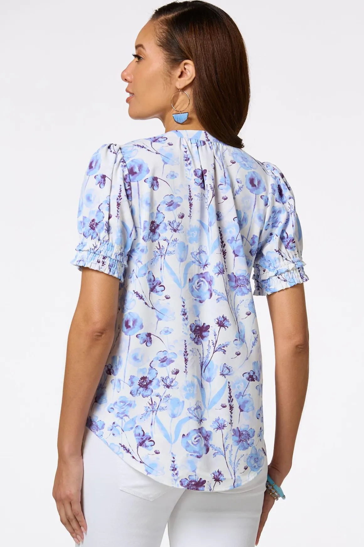Blue Floral Smocked Sleeve Top