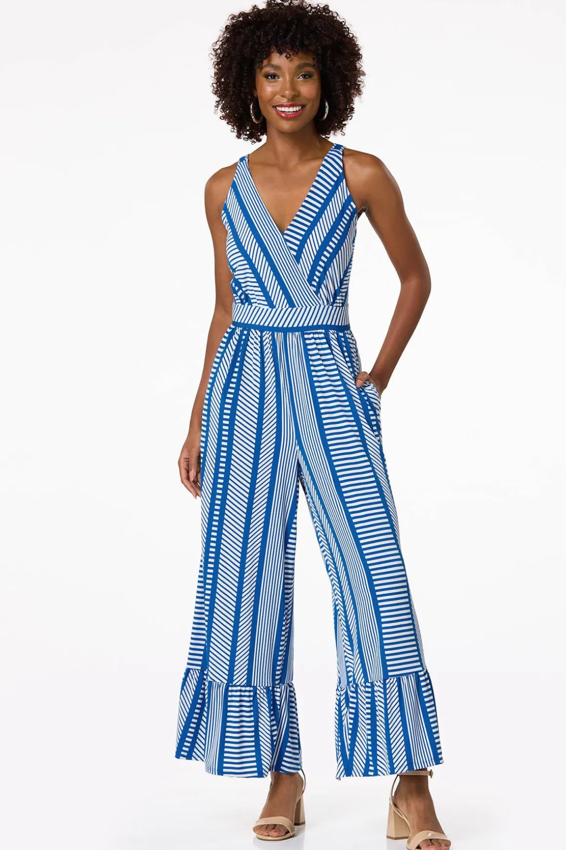 Blue Patterned Tiered Leg Jumpsuit