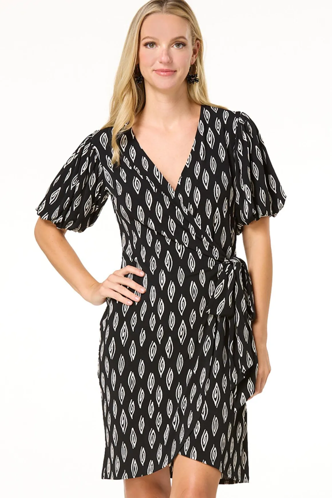 Bubble Sleeve Faux Wrap Dress