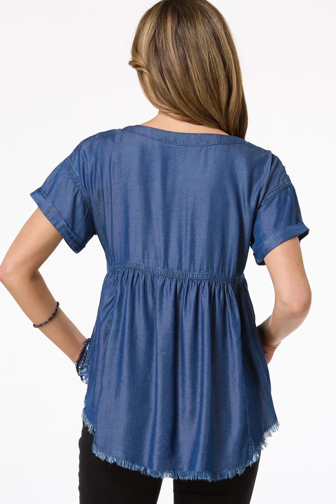 Chambray Embroidered Babydoll Top