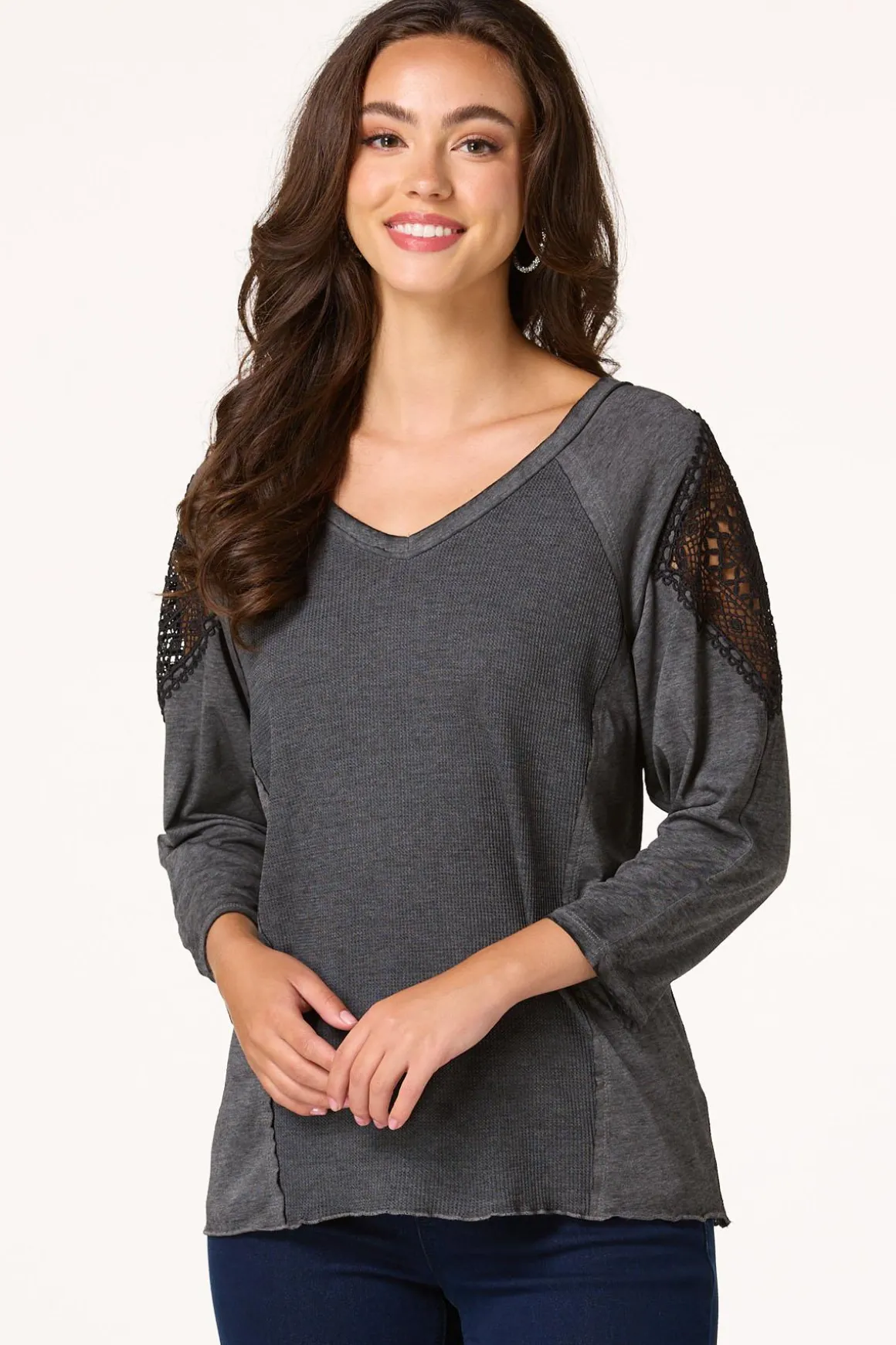 Charcoal Crochet Sleeve Top