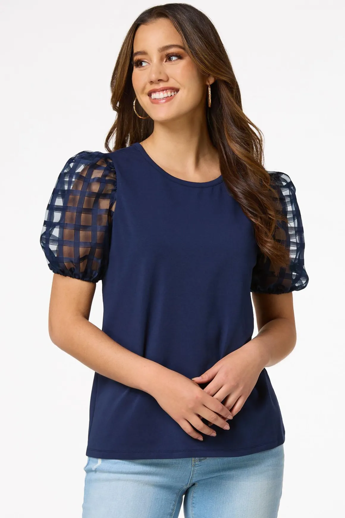 Check Illusion Puff Sleeve Top
