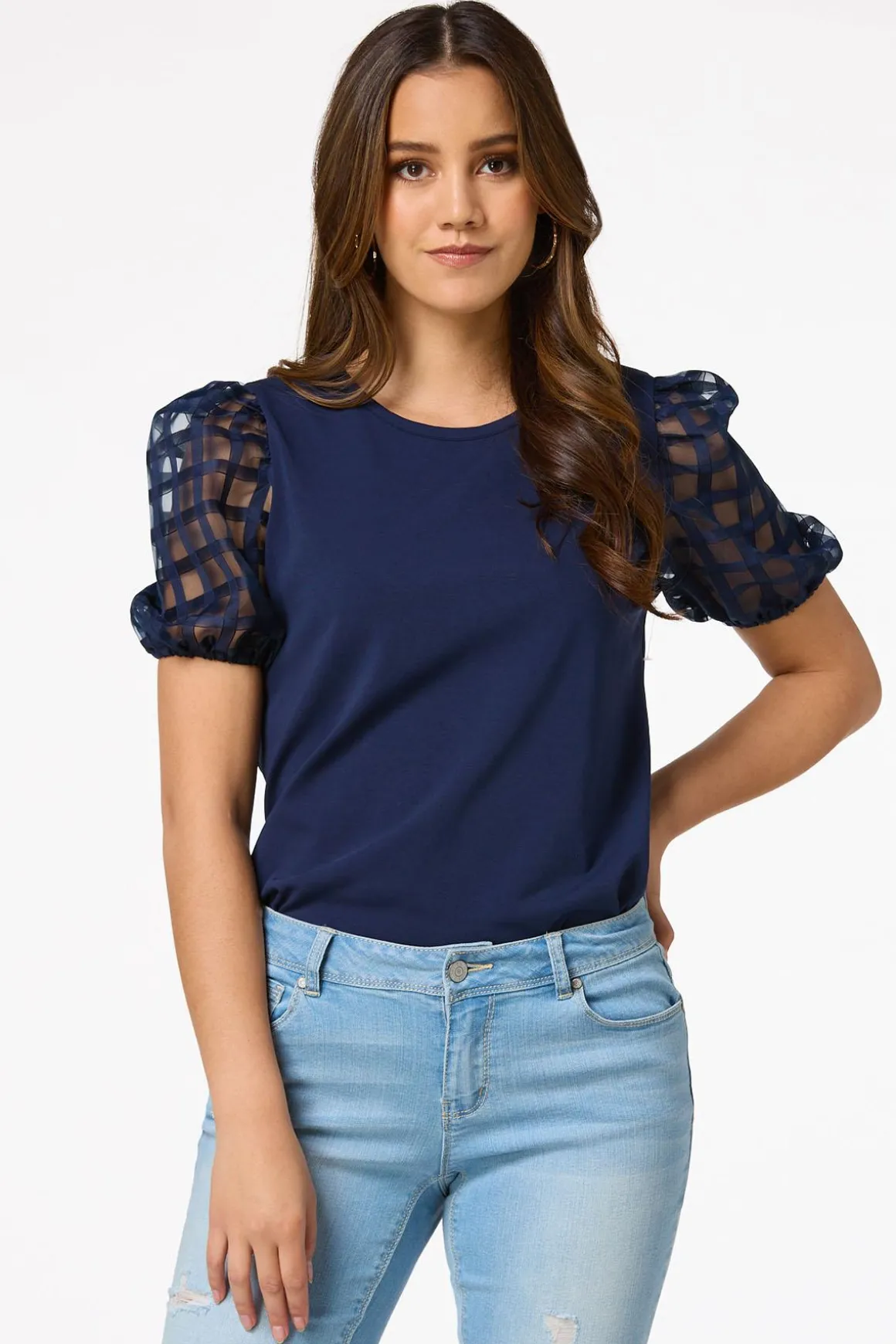 Check Illusion Puff Sleeve Top
