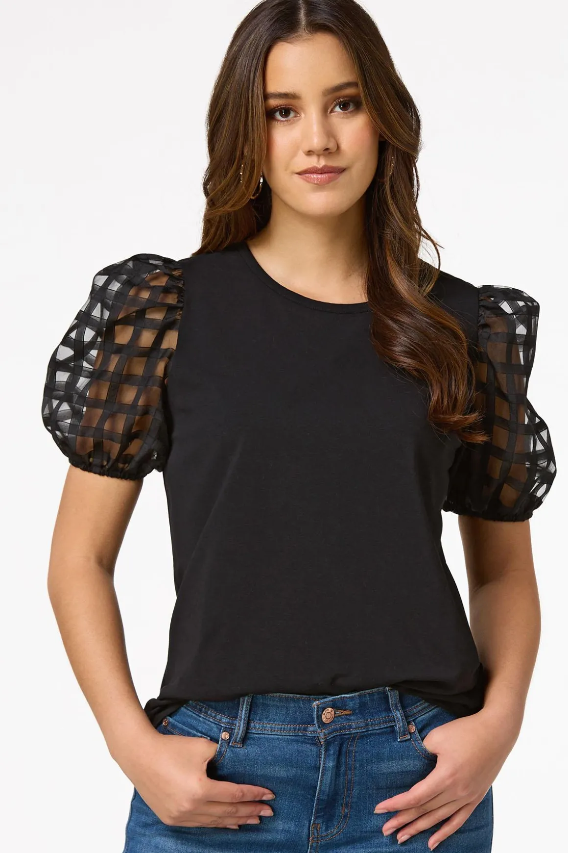 Check Illusion Puff Sleeve Top