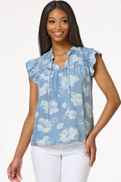 Contrast Floral Chambray Top