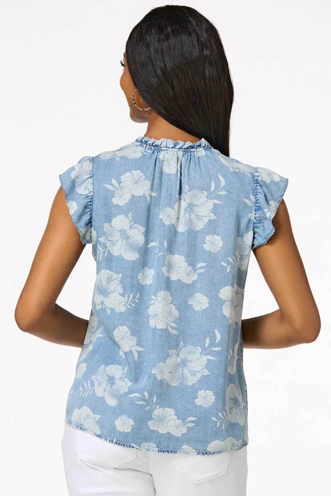 Contrast Floral Chambray Top