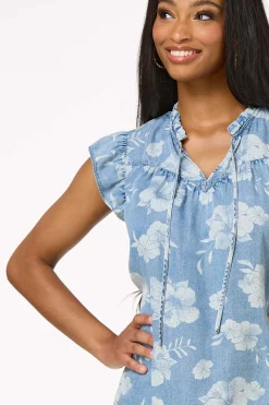 Contrast Floral Chambray Top