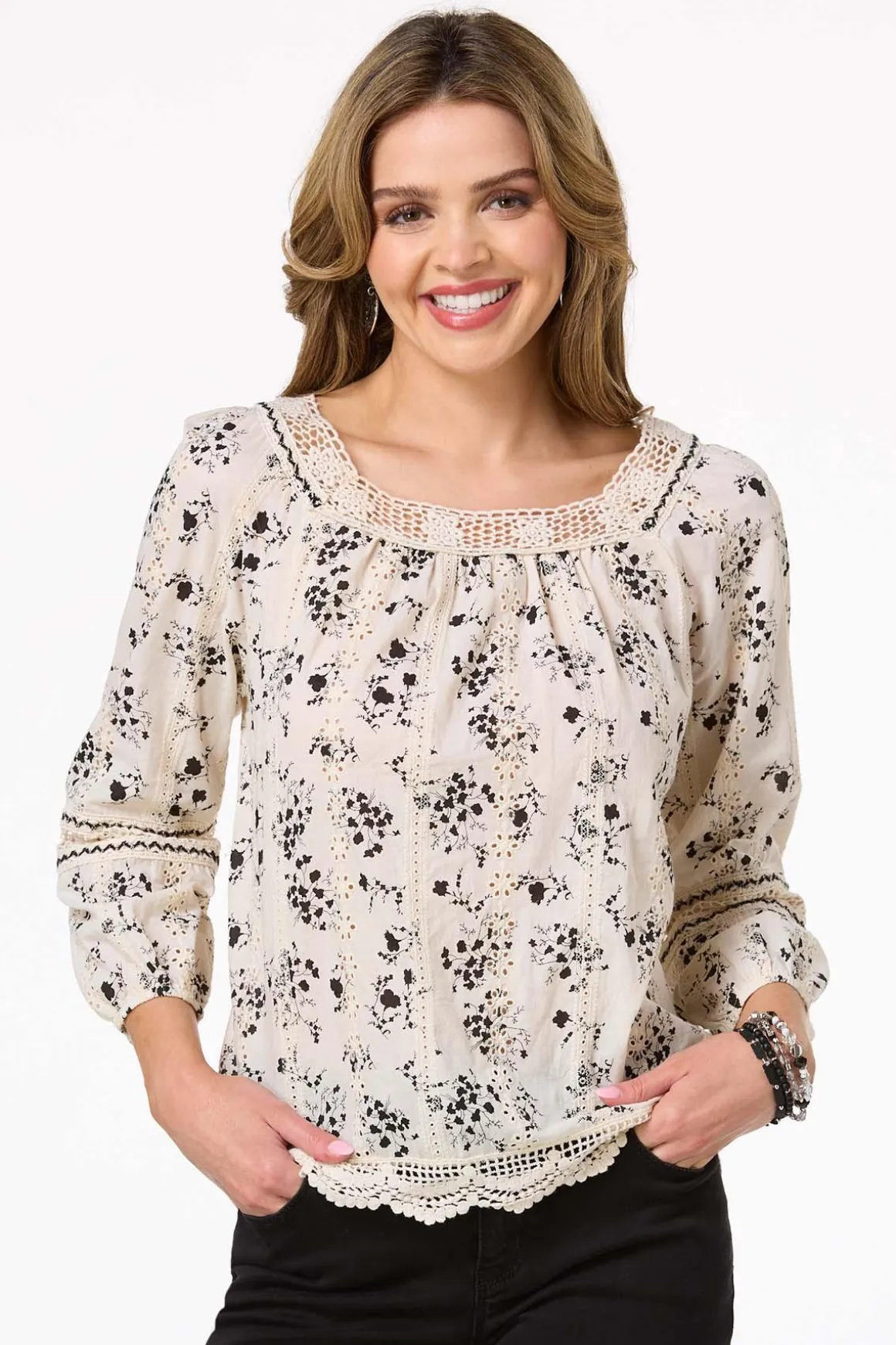 Contrast Floral Eyelet Top