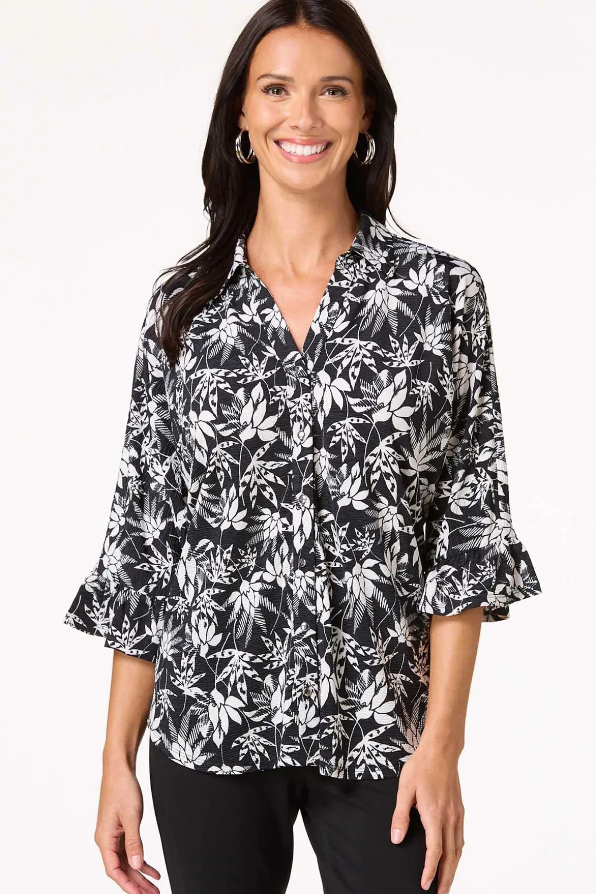 Contrast Floral Flutter Sleeve Shirt