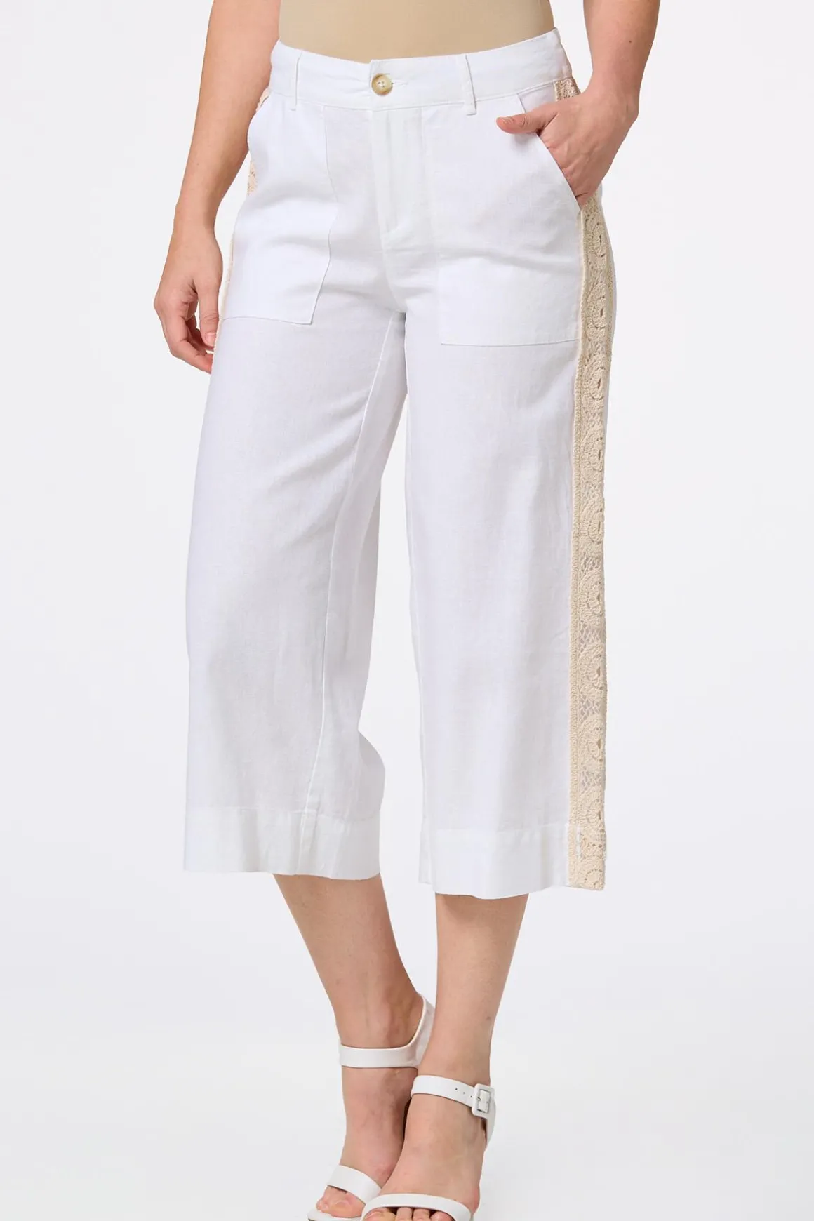 Cropped Crochet Panel Linen Pants