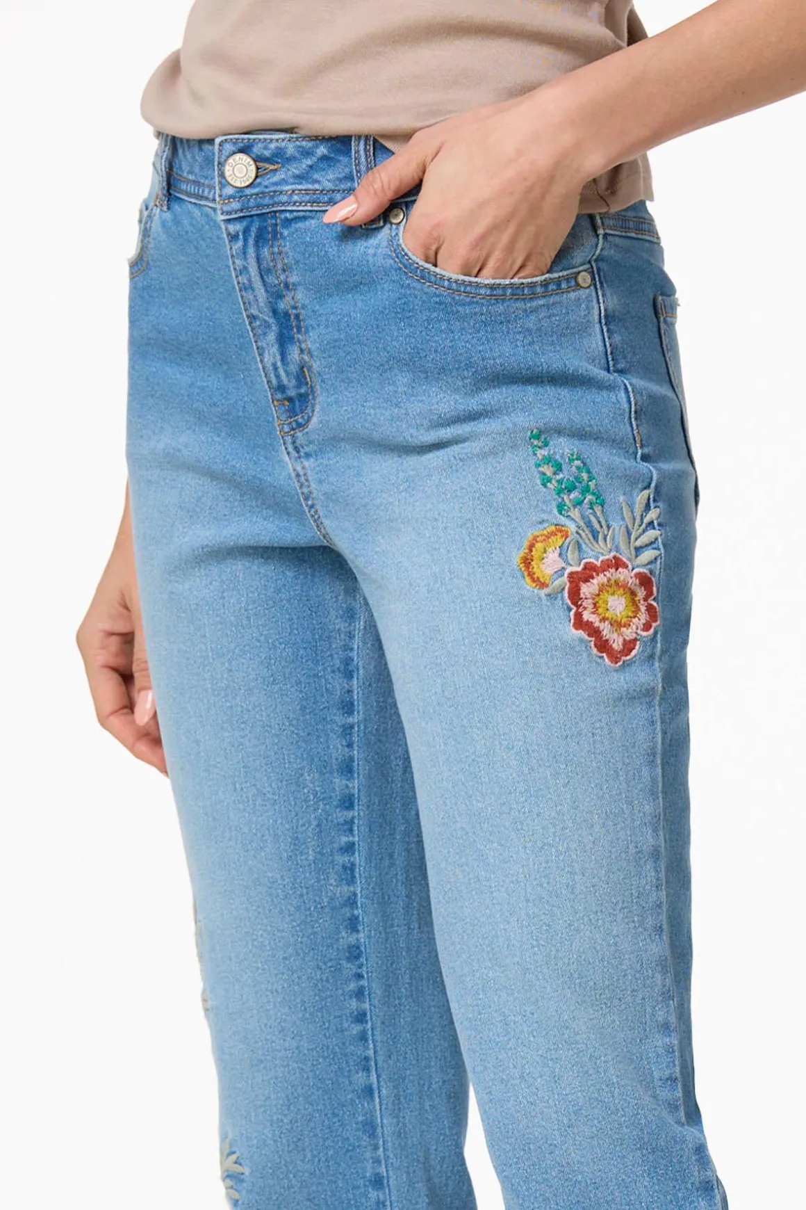 Cropped Embroidered Floral Jeans