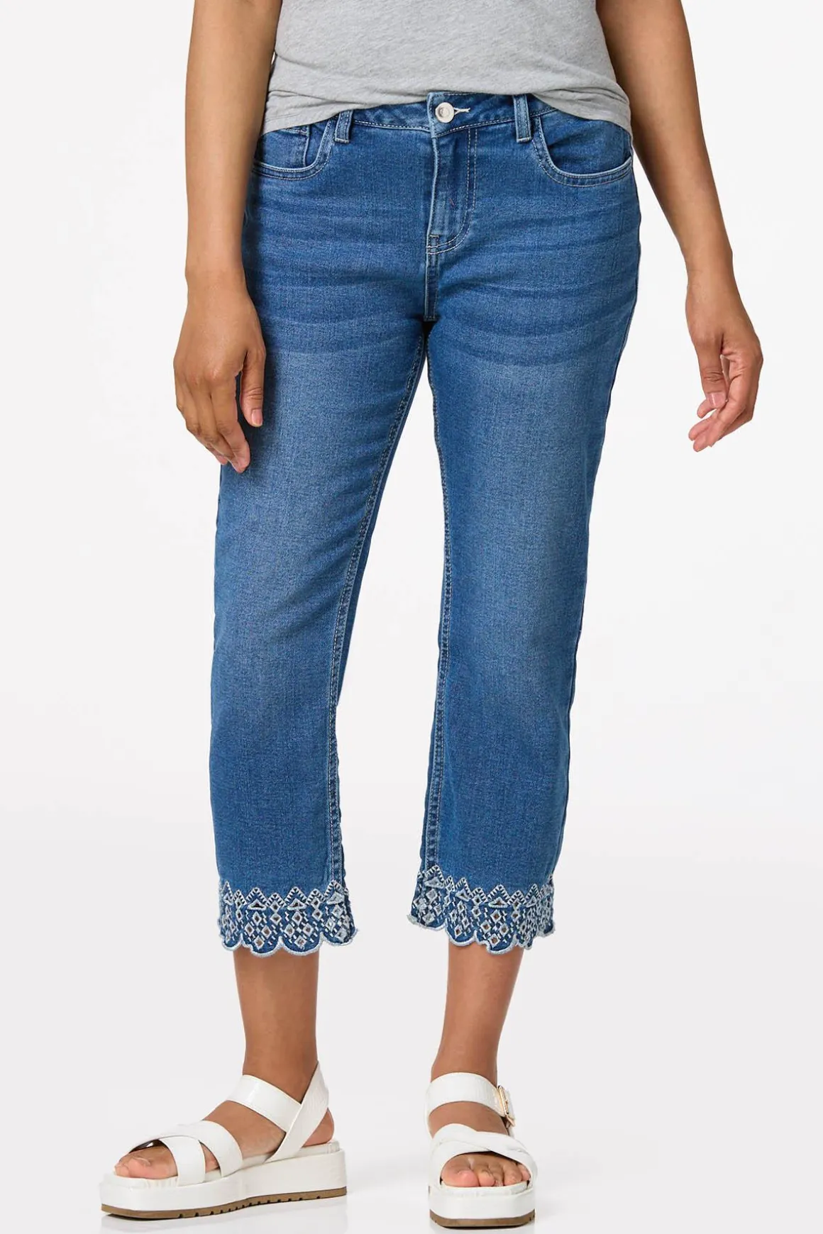 Cropped Embroidered Trim Jeans