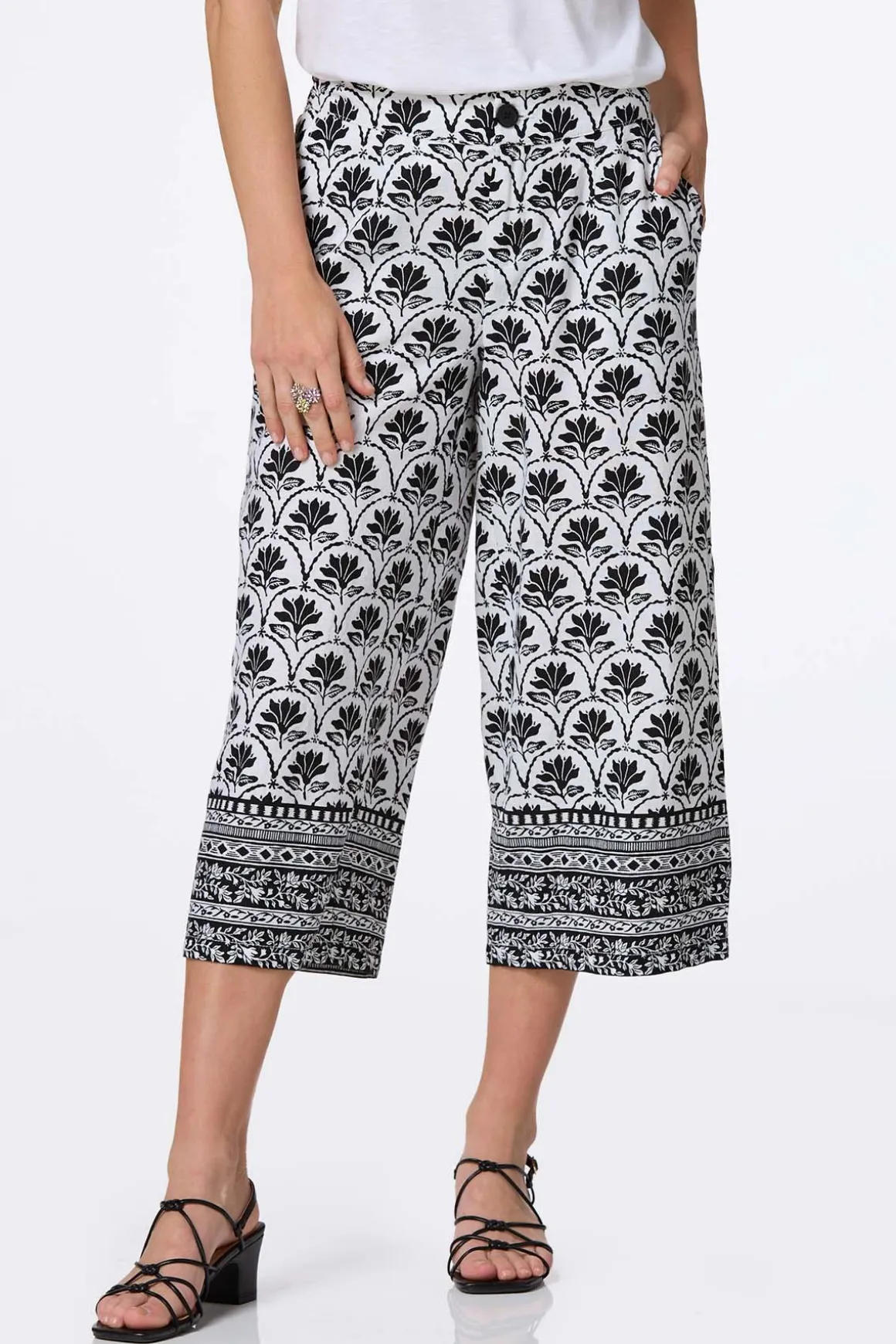 Cropped Floral Border Linen Pants