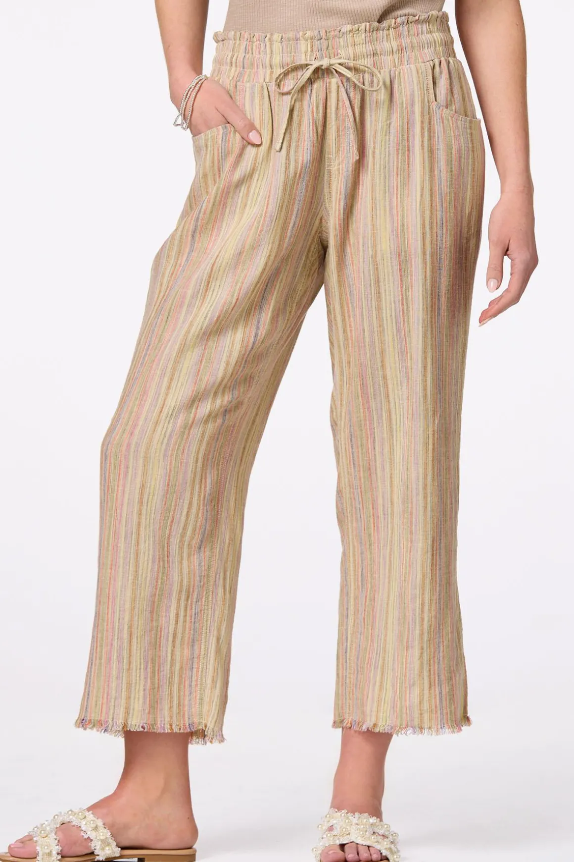 Cropped Multi Stripe Linen Pants