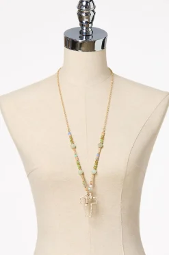 Cutout Cross Beaded Long Necklace