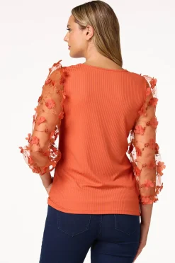 3d Floral Sleeve Ribbed Top