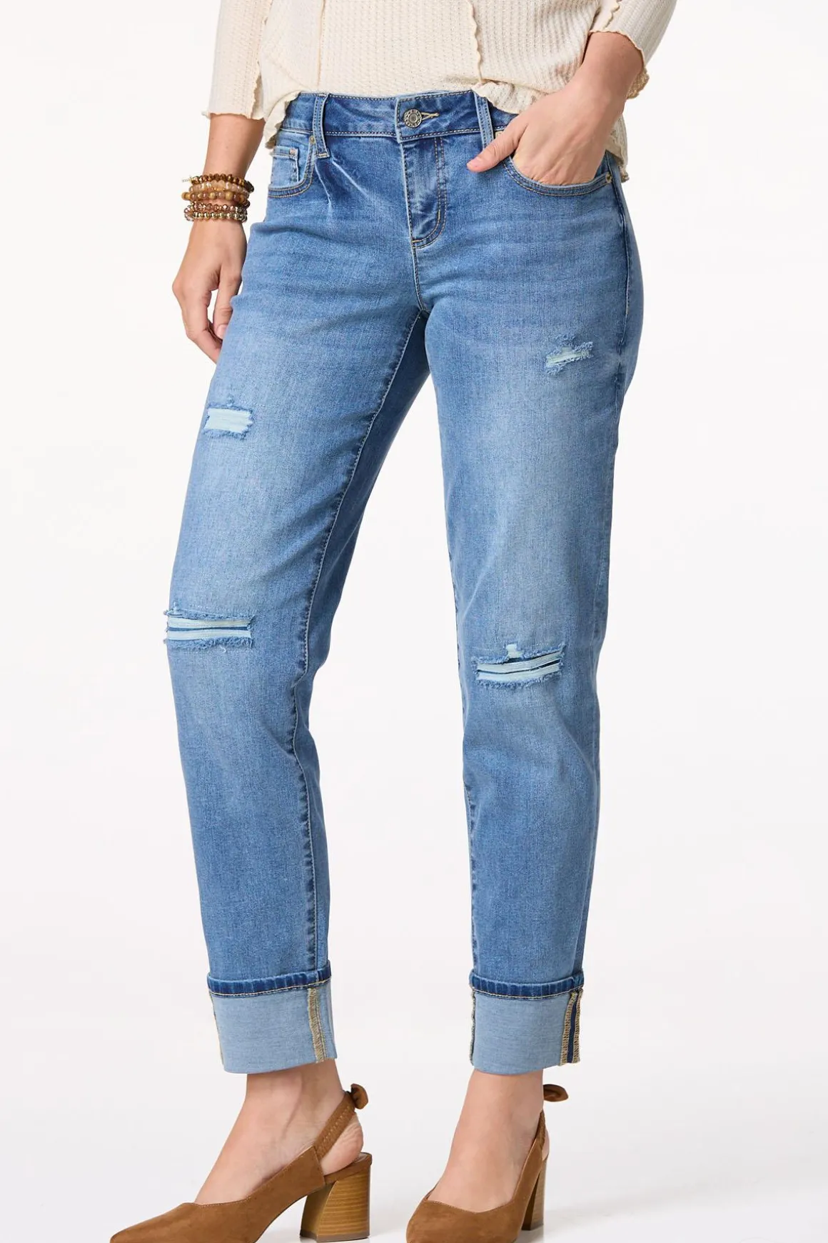 Distressed Cuffed Girlfriend Jeans