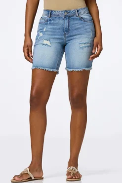 Distressed High Rise Denim Shorts
