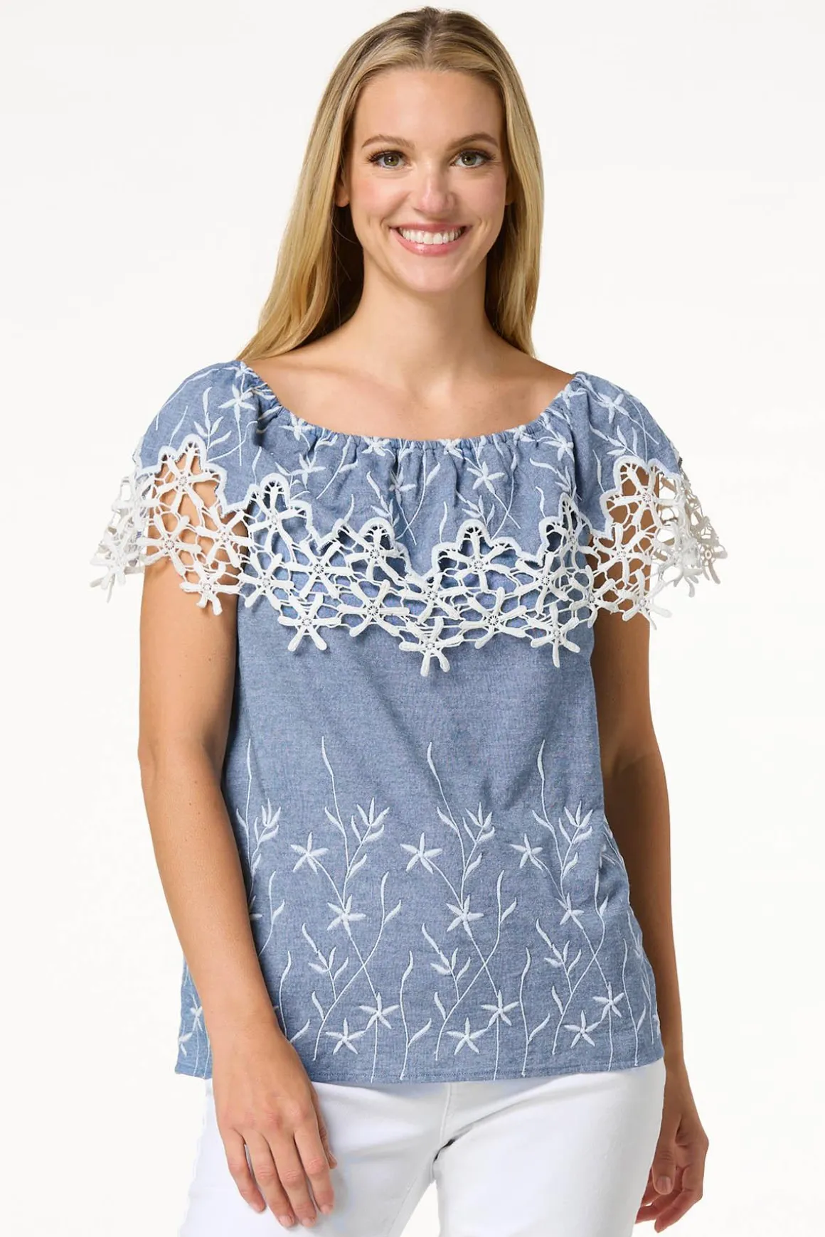 Embroidered Chambray Top