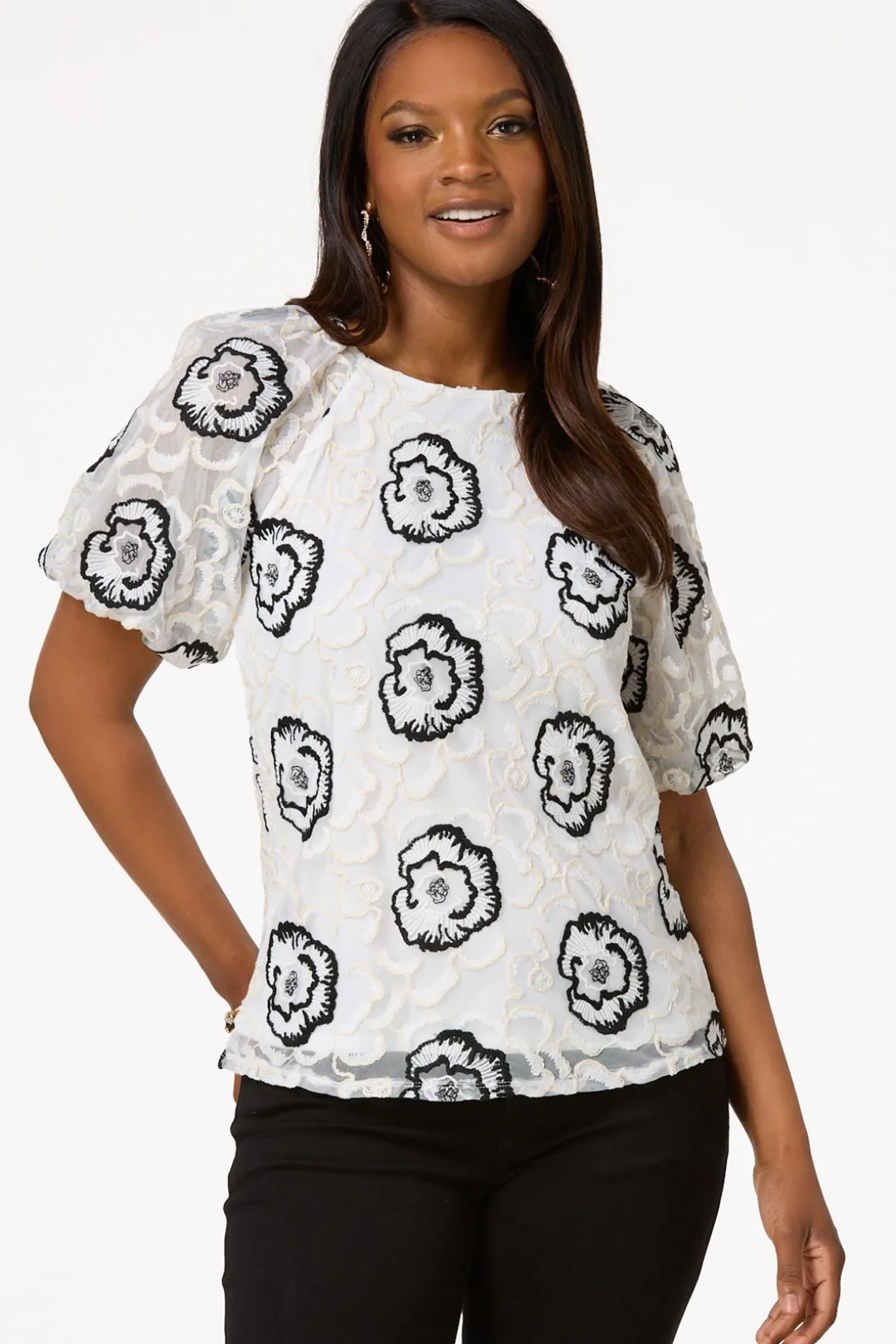 Embroidered Mesh Puff Sleeve Top