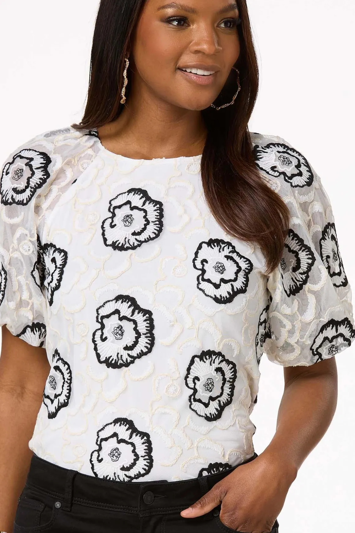 Embroidered Mesh Puff Sleeve Top