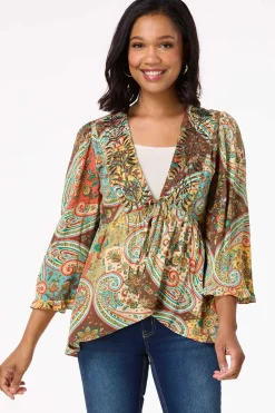 Embroidered Paisley Tie Front Top