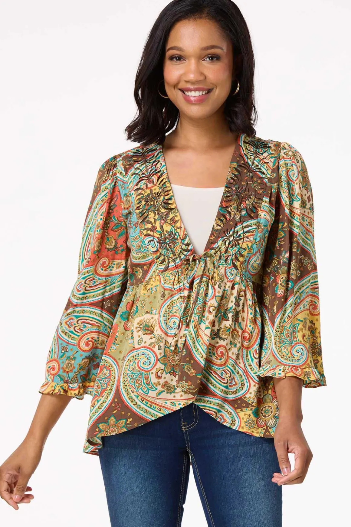 Embroidered Paisley Tie Front Top