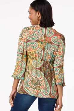 Embroidered Paisley Tie Front Top
