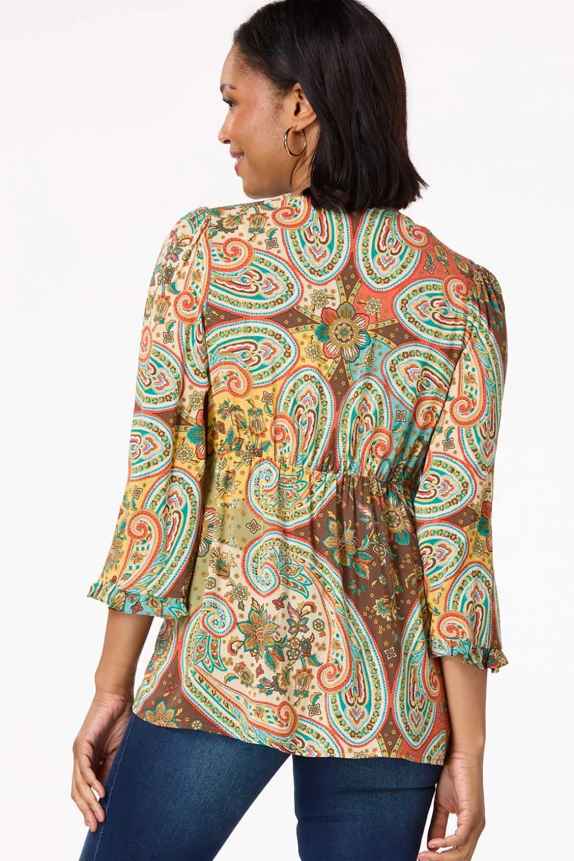 Embroidered Paisley Tie Front Top