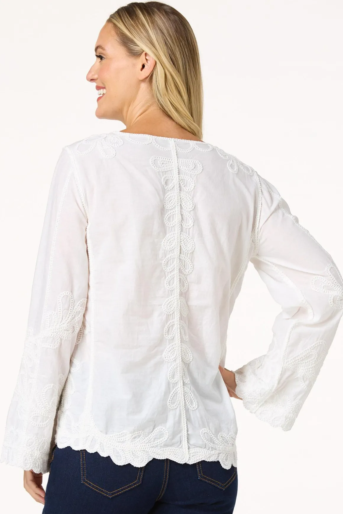 Embroidered Scalloped Hem Top
