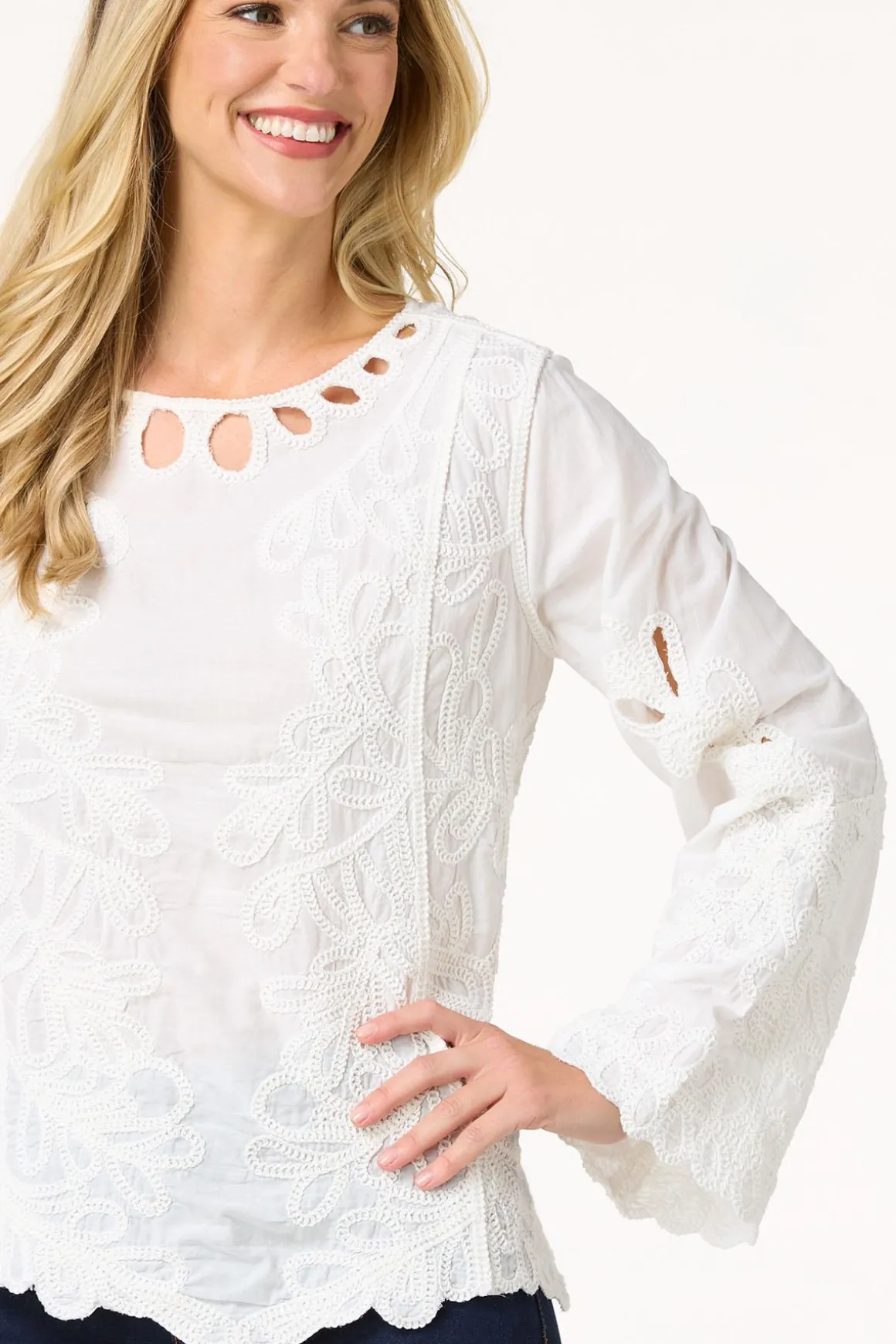 Embroidered Scalloped Hem Top