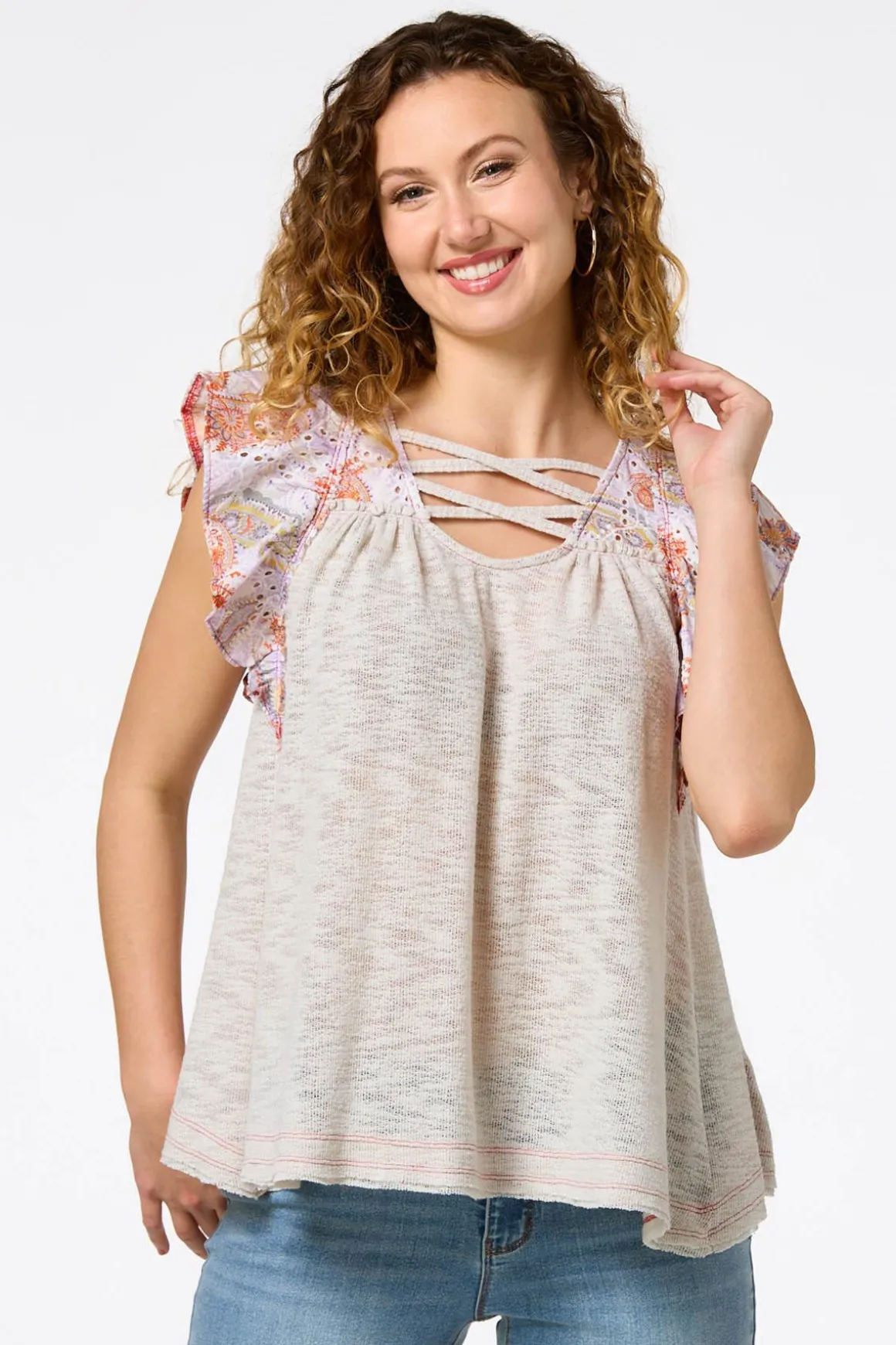 Eyelet Paisley Flutter Sleeve Top