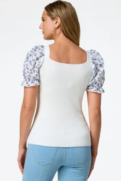 Floral Eyelet Puff Sleeve Sweater