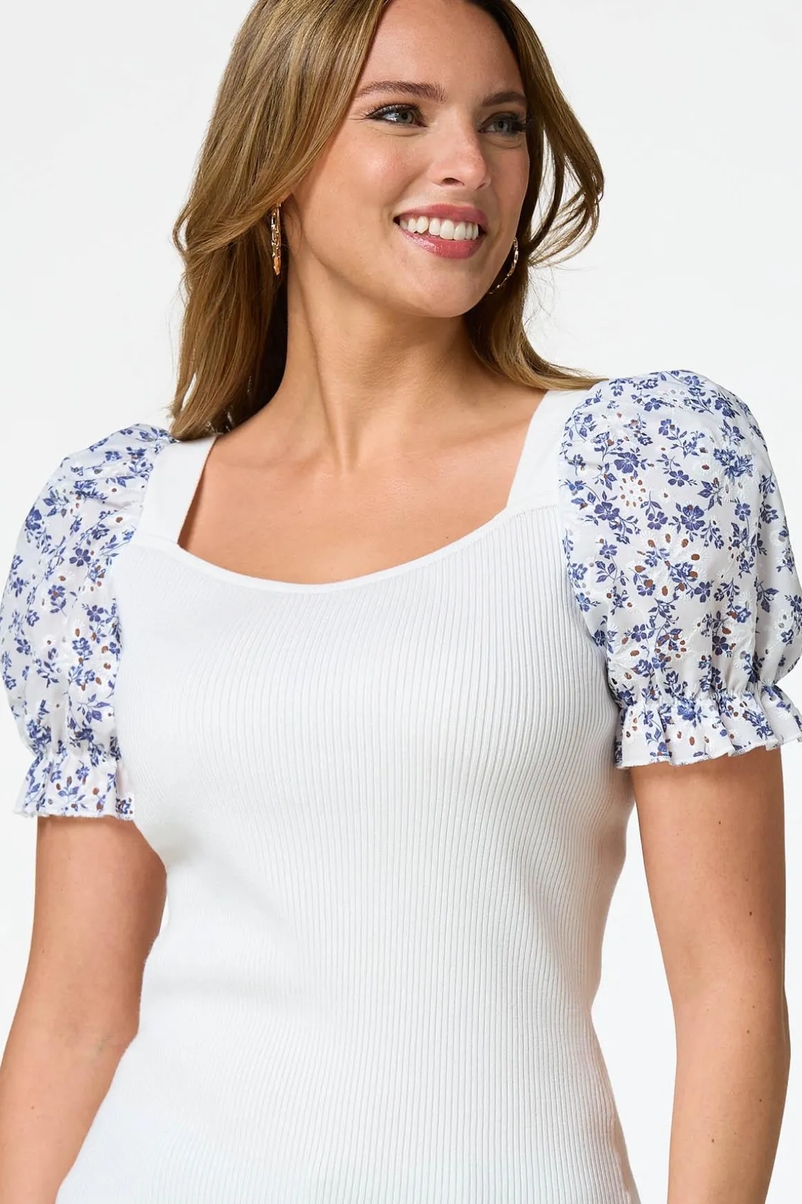 Floral Eyelet Puff Sleeve Sweater