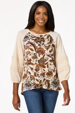 Floral Fringe Balloon Sleeve Top