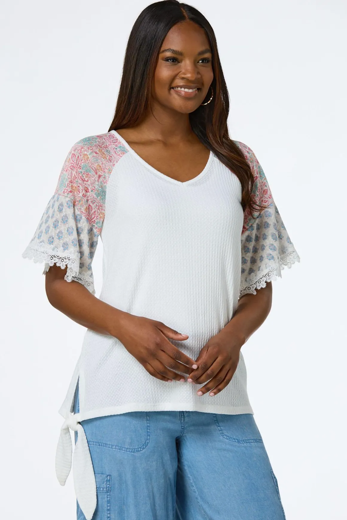 Floral Sleeve Waffle Top