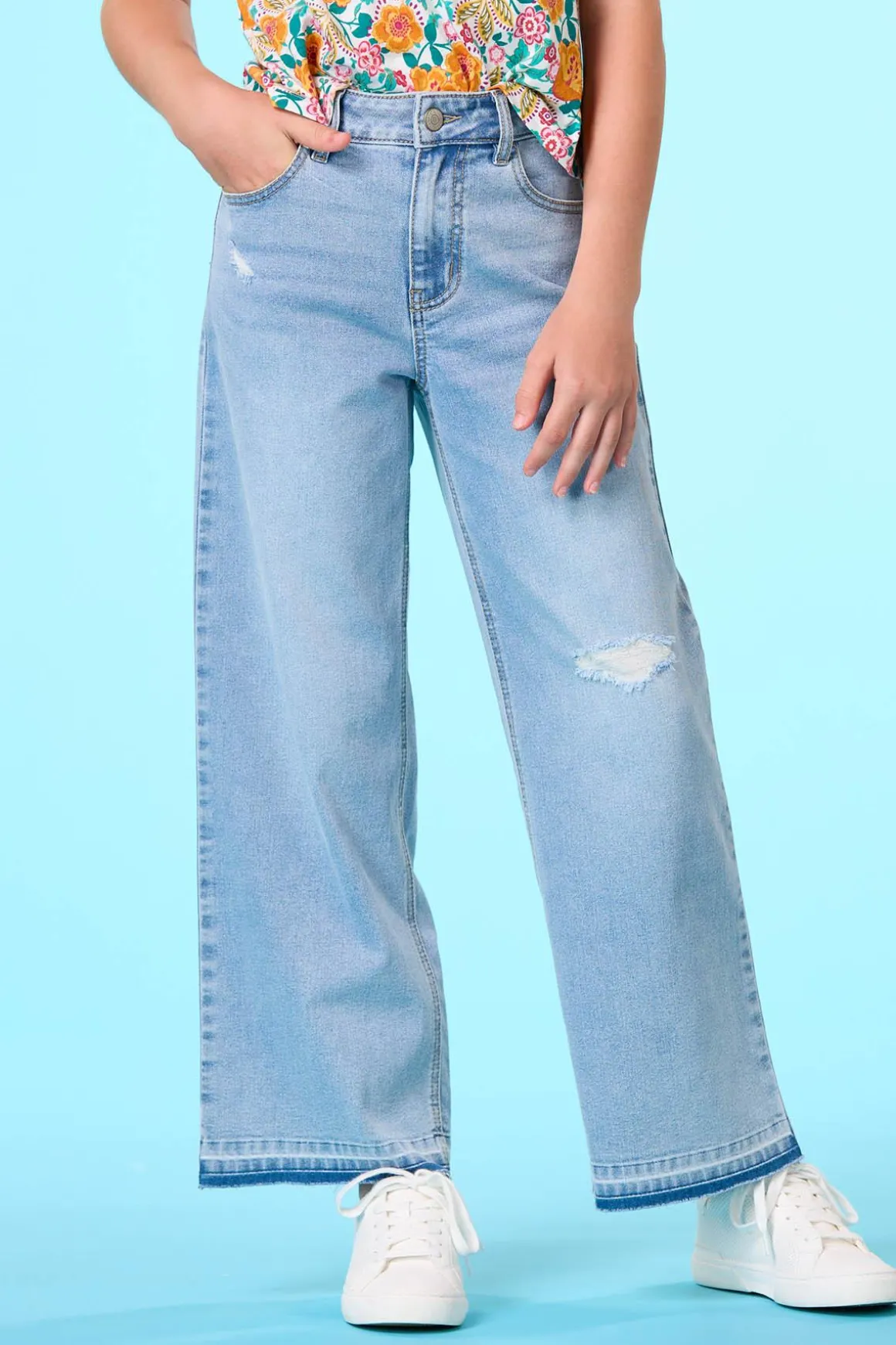 Girls Distressed Wide Leg Jeans