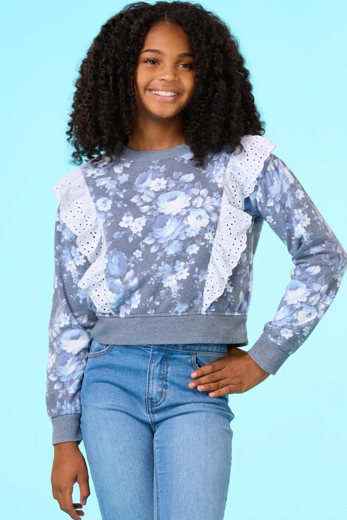 Girls Floral Eyelet Trim Sweatshirt