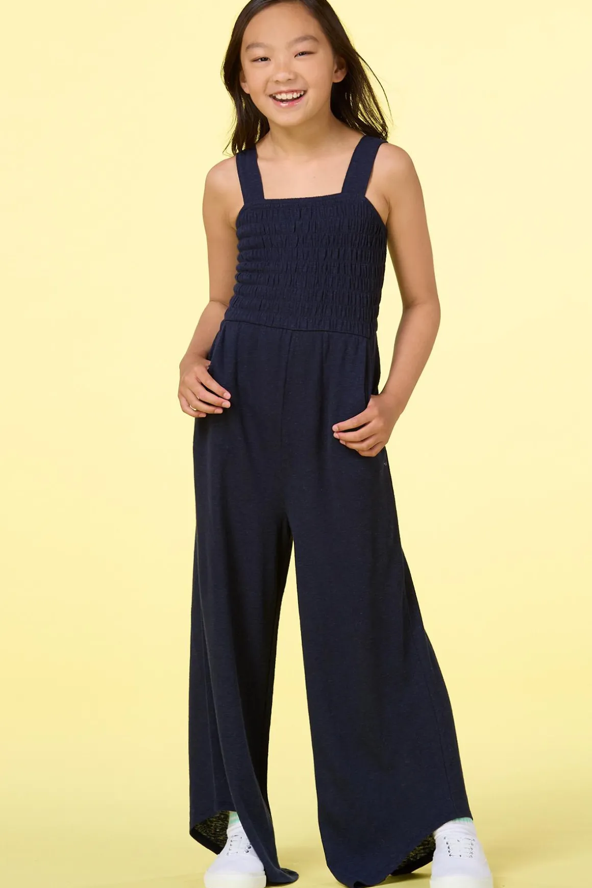 Girls Navy Smocked Jumpsuit