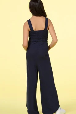 Girls Navy Smocked Jumpsuit