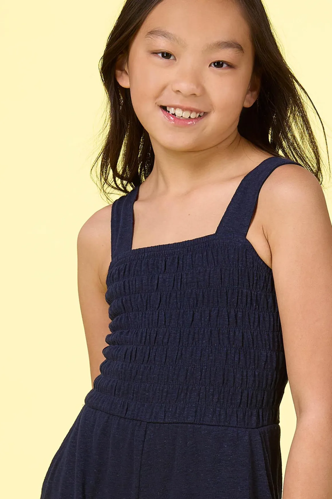 Girls Navy Smocked Jumpsuit