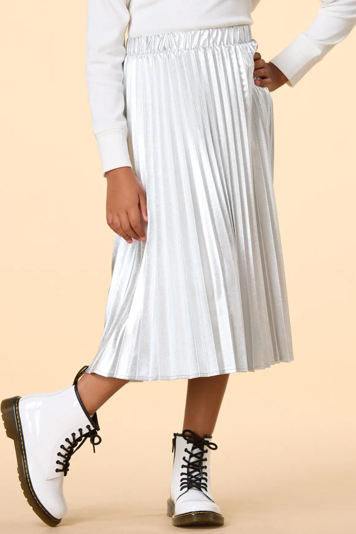Girls Pleated Metallic Midi Skirt