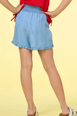 Girls Ruffled Chambray Shorts