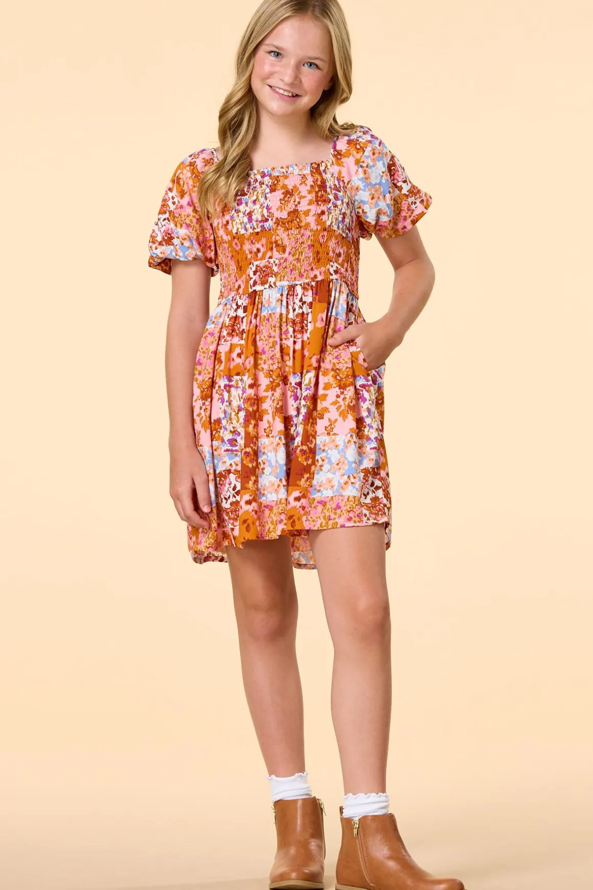 Girls Smocked Patchwork Floral Dress